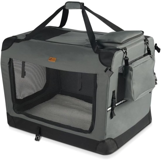 VOUNOT Hundebox faltbar, Transportbox Katze Hunde, Hundetasche, Oxford-Gewebe, Netzstoff, Atmungsaktiv, Transportabel, Metallrahmen, mit Griffen, Taschen, 82x60x60cm XL, Grau VOUNOT Hundebox faltbar, Transportbox Katze Hunde, Hundetasche, Oxford-Gewebe, Netzstoff, Atmungsaktiv, Transportabel, Metallrahmen, mit Griffen, Taschen, 82x60x60cm XL, Grau
