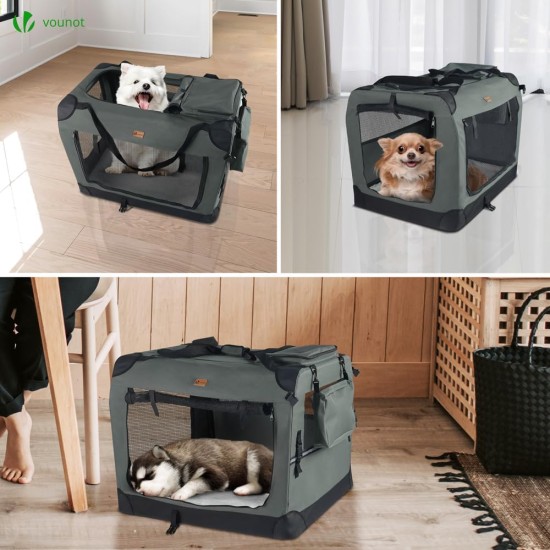 VOUNOT Hundebox faltbar, Transportbox Katze Hunde, Hundetasche, Oxford-Gewebe, Netzstoff, Atmungsaktiv, Transportabel, Metallrahmen, mit Griffen, Taschen, 82x60x60cm XL, Grau VOUNOT Hundebox faltbar, Transportbox Katze Hunde, Hundetasche, Oxford-Gewebe, Netzstoff, Atmungsaktiv, Transportabel, Metallrahmen, mit Griffen, Taschen, 82x60x60cm XL, Grau