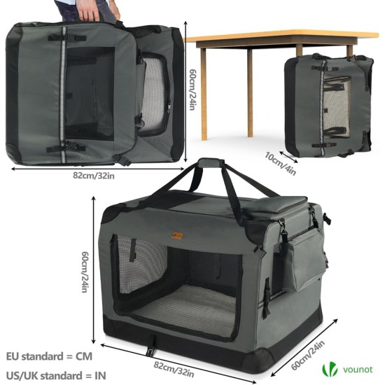 VOUNOT Hundebox faltbar, Transportbox Katze Hunde, Hundetasche, Oxford-Gewebe, Netzstoff, Atmungsaktiv, Transportabel, Metallrahmen, mit Griffen, Taschen, 82x60x60cm XL, Grau VOUNOT Hundebox faltbar, Transportbox Katze Hunde, Hundetasche, Oxford-Gewebe, Netzstoff, Atmungsaktiv, Transportabel, Metallrahmen, mit Griffen, Taschen, 82x60x60cm XL, Grau