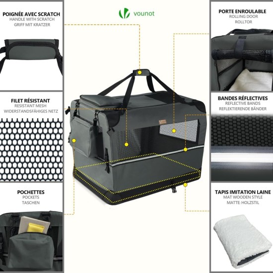 VOUNOT Hundebox faltbar, Transportbox Katze Hunde, Hundetasche, Oxford-Gewebe, Netzstoff, Atmungsaktiv, Transportabel, Metallrahmen, mit Griffen, Taschen, 82x60x60cm XL, Grau VOUNOT Hundebox faltbar, Transportbox Katze Hunde, Hundetasche, Oxford-Gewebe, Netzstoff, Atmungsaktiv, Transportabel, Metallrahmen, mit Griffen, Taschen, 82x60x60cm XL, Grau