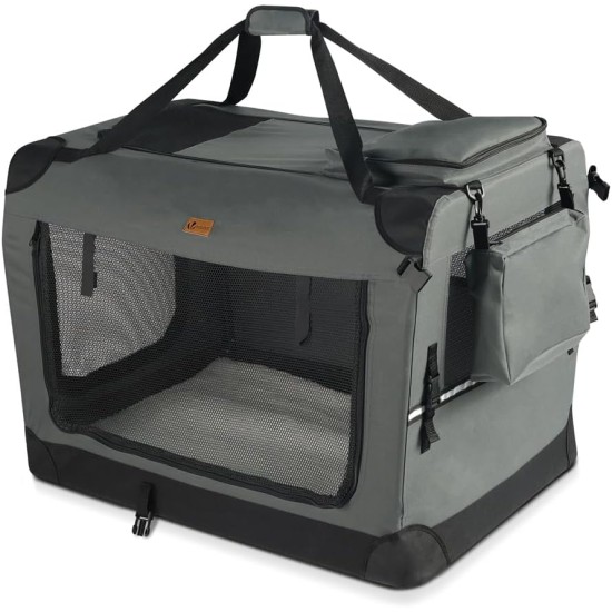 VOUNOT Hundebox faltbar, Transportbox Katze Hunde, Hundetasche, Oxford-Gewebe, Netzstoff, Atmungsaktiv, Transportabel, Metallrahmen, mit Griffen, Taschen, 82x60x60cm XL, Grau VOUNOT Hundebox faltbar, Transportbox Katze Hunde, Hundetasche, Oxford-Gewebe, Netzstoff, Atmungsaktiv, Transportabel, Metallrahmen, mit Griffen, Taschen, 82x60x60cm XL, Grau
