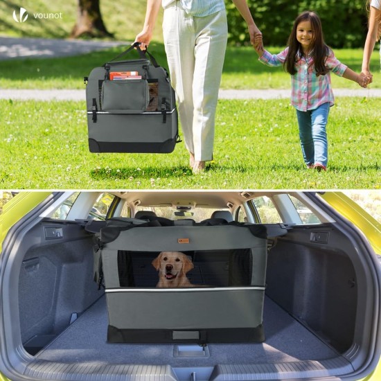 VOUNOT Hundebox faltbar, Transportbox Katze Hunde, Hundetasche, Oxford-Gewebe, Netzstoff, Atmungsaktiv, Transportabel, Metallrahmen, mit Griffen, Taschen, 82x60x60cm XL, Grau VOUNOT Hundebox faltbar, Transportbox Katze Hunde, Hundetasche, Oxford-Gewebe, Netzstoff, Atmungsaktiv, Transportabel, Metallrahmen, mit Griffen, Taschen, 82x60x60cm XL, Grau