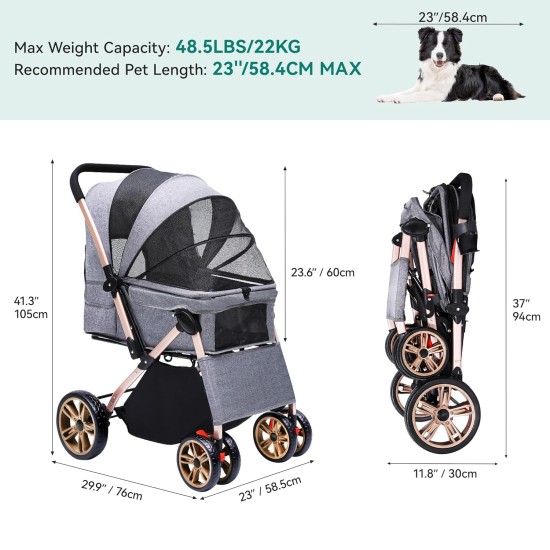 YITAHOME Dog Buggy Foldable for Dogs and Cats, Pet Buggy up to 22 kg with Reversible Handle, Mesh Windows, Drink Holder, 360° Rotating EVA Wheels with Brakes (Beige) YITAHOME Dog Buggy Foldable for Dogs and Cats, Pet Buggy up to 22 kg with Reversible Handle, Mesh Windows, Drink Holder, 360° Rotating EVA Wheels with Brakes (Beige)