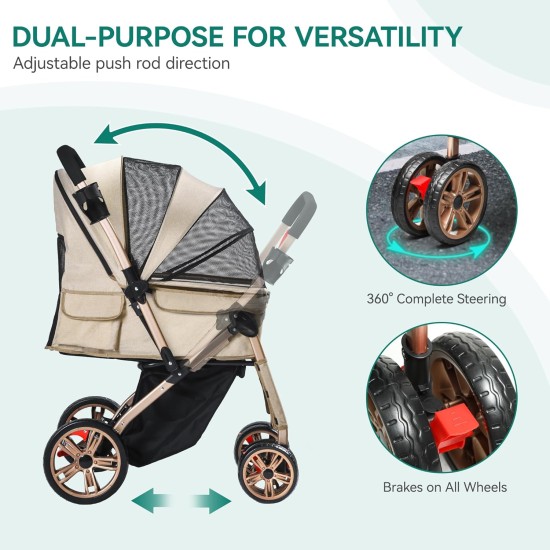 YITAHOME Dog Buggy Foldable for Dogs and Cats, Pet Buggy up to 22 kg with Reversible Handle, Mesh Windows, Drink Holder, 360° Rotating EVA Wheels with Brakes (Beige) YITAHOME Dog Buggy Foldable for Dogs and Cats, Pet Buggy up to 22 kg with Reversible Handle, Mesh Windows, Drink Holder, 360° Rotating EVA Wheels with Brakes (Beige)
