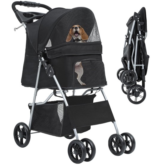 YITAHOME Dog Pushchair Pets Buggy up to 15 kg, Dog Buggy with Mesh Windows & Drink Holder & Storage Basket, Cat Buggy for Small Dogs Cats (Black)