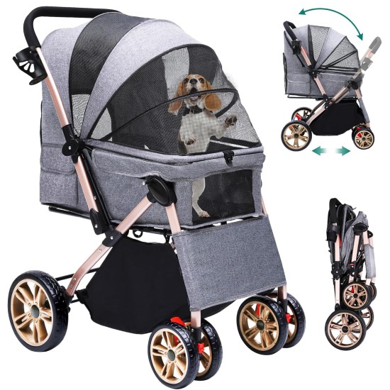 YITAHOME Foldable Dog Stroller for Small Dogs, Pet Stroller with Reversible Handle, Mesh Windows, Cup Holder, 360° Rotating EVA Wheels with Brakes (Beige) YITAHOME Foldable Dog Stroller for Small Dogs, Pet Stroller with Reversible Handle, Mesh Windows, Cup Holder, 360° Rotating EVA Wheels with Brakes (Beige)