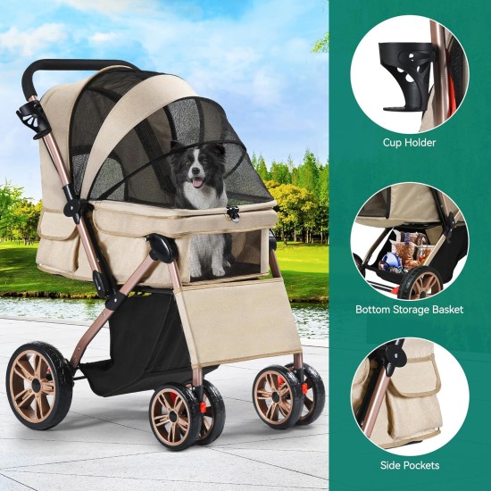 YITAHOME Foldable Dog Stroller for Small Dogs, Pet Stroller with Reversible Handle, Mesh Windows, Cup Holder, 360° Rotating EVA Wheels with Brakes (Beige) YITAHOME Foldable Dog Stroller for Small Dogs, Pet Stroller with Reversible Handle, Mesh Windows, Cup Holder, 360° Rotating EVA Wheels with Brakes (Beige)