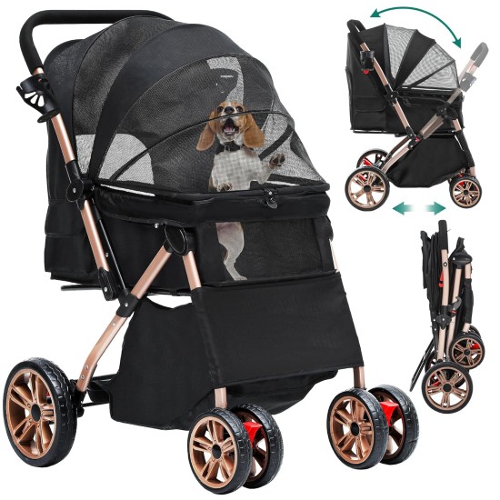 YITAHOME Foldable Dog Stroller for Small Dogs, Pet Stroller with Reversible Handle, Mesh Windows, Cup Holder, 360° Rotating EVA Wheels with Brakes (Beige) YITAHOME Foldable Dog Stroller for Small Dogs, Pet Stroller with Reversible Handle, Mesh Windows, Cup Holder, 360° Rotating EVA Wheels with Brakes (Beige)
