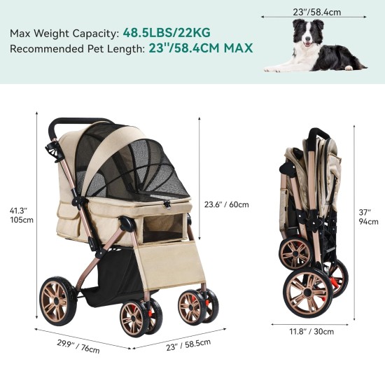 YITAHOME Foldable Dog Stroller for Small Dogs, Pet Stroller with Reversible Handle, Mesh Windows, Cup Holder, 360° Rotating EVA Wheels with Brakes (Beige) YITAHOME Foldable Dog Stroller for Small Dogs, Pet Stroller with Reversible Handle, Mesh Windows, Cup Holder, 360° Rotating EVA Wheels with Brakes (Beige)