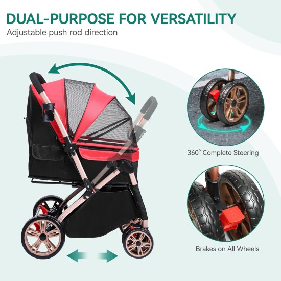 YITAHOME Foldable Dog Stroller for Small Dogs, Pet Stroller with Reversible Handle, Mesh Windows, Cup Holder, 360° Rotating EVA Wheels with Brakes (Beige) YITAHOME Foldable Dog Stroller for Small Dogs, Pet Stroller with Reversible Handle, Mesh Windows, Cup Holder, 360° Rotating EVA Wheels with Brakes (Beige)