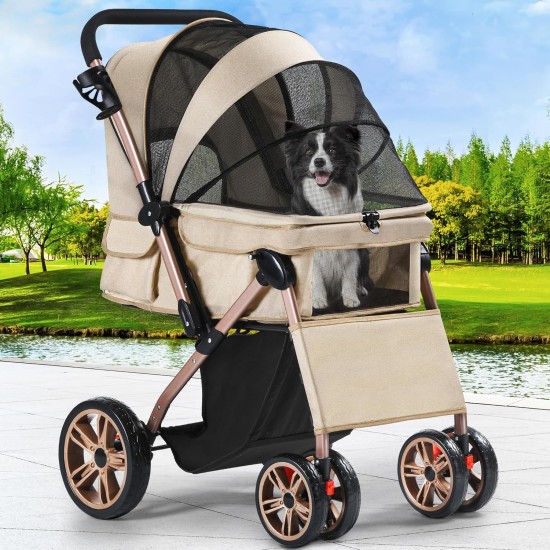 YITAHOME Foldable Dog Stroller for Small Dogs, Pet Stroller with Reversible Handle, Mesh Windows, Cup Holder, 360° Rotating EVA Wheels with Brakes (Beige) YITAHOME Foldable Dog Stroller for Small Dogs, Pet Stroller with Reversible Handle, Mesh Windows, Cup Holder, 360° Rotating EVA Wheels with Brakes (Beige)