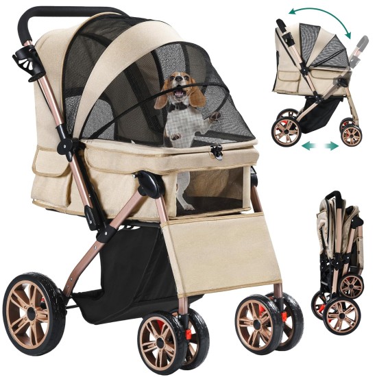 YITAHOME Foldable Dog Stroller for Small Dogs, Pet Stroller with Reversible Handle, Mesh Windows, Cup Holder, 360° Rotating EVA Wheels with Brakes (Beige)
