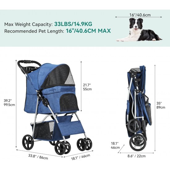 YITAHOME Pet Stroller for Medium Dogs, 4 Wheel Dog Stroller with Storage Basket, Foldable Pet Travel Cart with Cup Holder and Storage Basket (Blue) YITAHOME Pet Stroller for Medium Dogs, 4 Wheel Dog Stroller with Storage Basket, Foldable Pet Travel Cart with Cup Holder and Storage Basket (Blue)