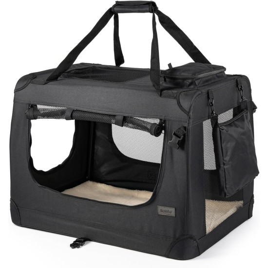 lionto Foldable Dog Transport Box for Travel and Car, 60 x 42 x 44 cm, Sturdy Transport Box, Carry Handles and Blanket for Cats, Dogs up to 12 kg, Robust Fabric Dog Box, Black lionto Foldable Dog Transport Box for Travel and Car, 60 x 42 x 44 cm, Sturdy Transport Box, Carry Handles and Blanket for Cats, Dogs up to 12 kg, Robust Fabric Dog Box, Black