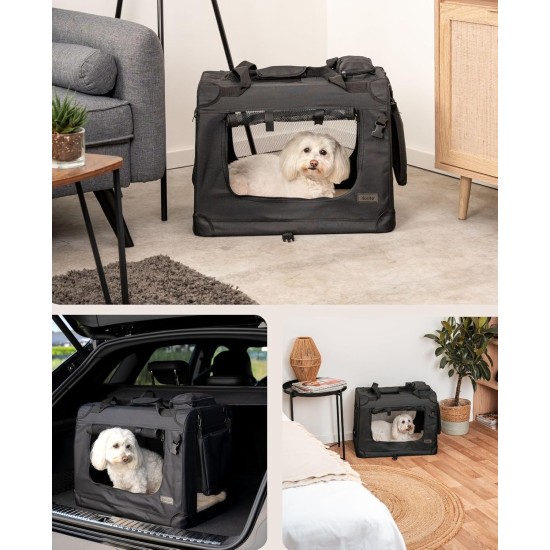lionto Foldable Dog Transport Box for Travel and Car, 60 x 42 x 44 cm, Sturdy Transport Box, Carry Handles and Blanket for Cats, Dogs up to 12 kg, Robust Fabric Dog Box, Black lionto Foldable Dog Transport Box for Travel and Car, 60 x 42 x 44 cm, Sturdy Transport Box, Carry Handles and Blanket for Cats, Dogs up to 12 kg, Robust Fabric Dog Box, Black
