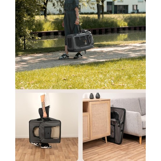 lionto Foldable Dog Transport Box for Travel and Car, 60 x 42 x 44 cm, Sturdy Transport Box, Carry Handles and Blanket for Cats, Dogs up to 12 kg, Robust Fabric Dog Box, Black lionto Foldable Dog Transport Box for Travel and Car, 60 x 42 x 44 cm, Sturdy Transport Box, Carry Handles and Blanket for Cats, Dogs up to 12 kg, Robust Fabric Dog Box, Black