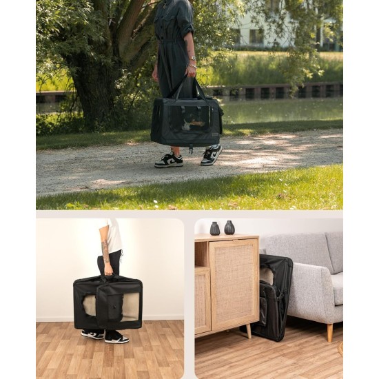 lionto Foldable Dog Transport Box for Travel and Car, 60 x 42 x 44 cm, Sturdy Transport Box, Carry Handles and Blanket for Cats, Dogs up to 12 kg, Robust Fabric Dog Box, Black lionto Foldable Dog Transport Box for Travel and Car, 60 x 42 x 44 cm, Sturdy Transport Box, Carry Handles and Blanket for Cats, Dogs up to 12 kg, Robust Fabric Dog Box, Black