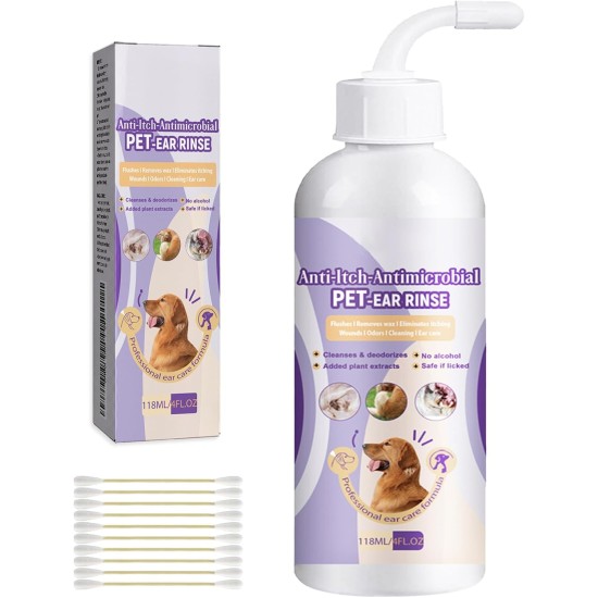 118 ml Ear Cleaner Dog + 10 Pieces Cotton Buds Double-Sided 7.1 cm, Ear Drops Dog, Ear Cleaner Dogs, Pet Ear Cleaner, Pet Ear Cleaning, Ear Care for Dog Cat Ear Hygiene
