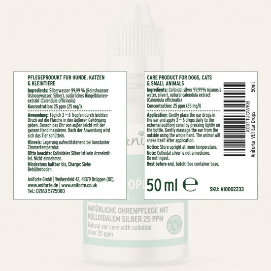 AniForte Ear Drops with Colloidal Silver 25 ppm & Marigold 50 ml | For Dogs, Cats & Small Animals I For Ear Inflammation, Itching I Ear Care, Ear Hygiene, Healthy Ears AniForte Ear Drops with Colloidal Silver 25 ppm & Marigold 50 ml | For Dogs, Cats & Small Animals I For Ear Inflammation, Itching I Ear Care, Ear Hygiene, Healthy Ears