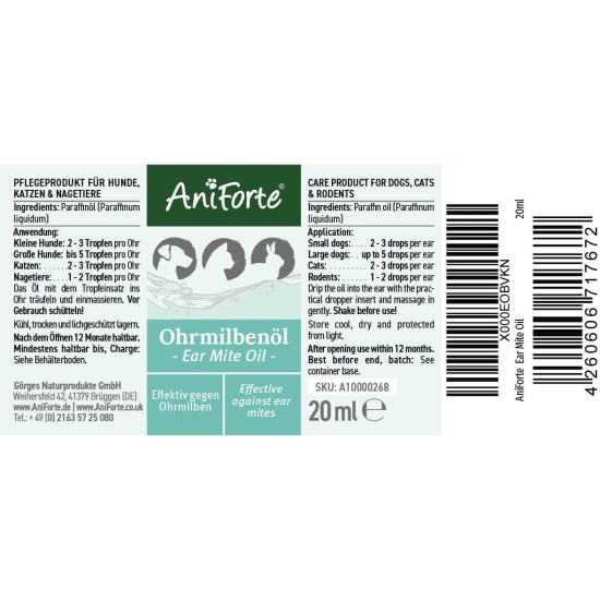 Aniforte Ohrmilbenöl 50 ml with Ear Mite Natural Product For Dogs, Cats and Other Pets Aniforte Ohrmilbenöl 50 ml with Ear Mite Natural Product For Dogs, Cats and Other Pets