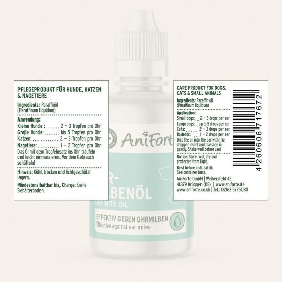 Aniforte Ohrmilbenöl 50 ml with Ear Mite Natural Product For Dogs, Cats and Other Pets Aniforte Ohrmilbenöl 50 ml with Ear Mite Natural Product For Dogs, Cats and Other Pets