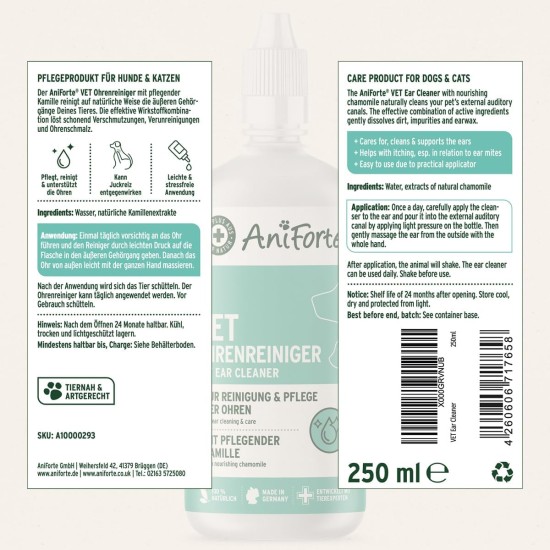 Aniforte Vet Chamomile Ear Cleaner 250Ml – Ear Cleaner – Nourishes and soothes Rapid Action for Dogs and Cats – Gentle Solution without alcohol – Natural product for Animals Aniforte Vet Chamomile Ear Cleaner 250Ml – Ear Cleaner – Nourishes and soothes Rapid Action for Dogs and Cats – Gentle Solution without alcohol – Natural product for Animals