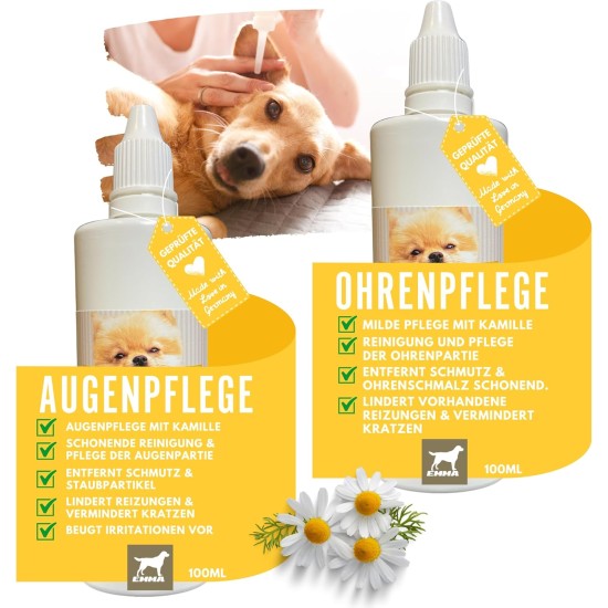 EMMA Ear Cleaner Dog & Eye Drops Dog - Ear Drops for Dogs - First Aid Set Dogs - Ear Cleaning Against Itching & Protection - Ear Care Ear Cleaner Tear Stains Dog Remove 2 x 100 ml