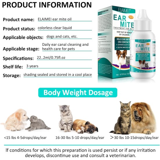 Ear Care for Dogs, Pet Ear Mite Oil, Ear Mite Treatment, Ear Drops for Dogs, Relieves Yeast Infection, Itching and Odour, Reduces Ear Mites and Deposits, for Cats and Dogs (1 Piece) Ear Care for Dogs, Pet Ear Mite Oil, Ear Mite Treatment, Ear Drops for Dogs, Relieves Yeast Infection, Itching and Odour, Reduces Ear Mites and Deposits, for Cats and Dogs (1 Piece)