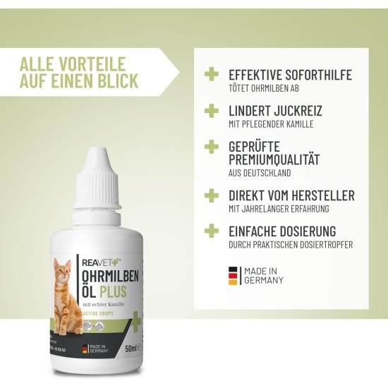 Ear Mite Oil Plus 50 ml Instant Effective Agent for Cats - Against Ear Mites with Chamomile for Cat, Gentle Care for Itching in the Ear, Ear Drops Mites, Ear Cleaner Ear Mite Oil Plus 50 ml Instant Effective Agent for Cats - Against Ear Mites with Chamomile for Cat, Gentle Care for Itching in the Ear, Ear Drops Mites, Ear Cleaner