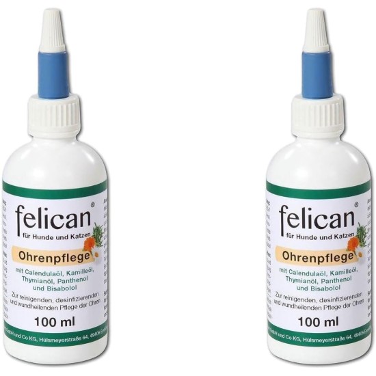 Feravet Felican Ear Care | Double Pack | 2 x 100 ml | Can contribute to cleaning and wound healing care of the ears in dogs and cats Feravet Felican Ear Care | Double Pack | 2 x 100 ml | Can contribute to cleaning and wound healing care of the ears in dogs and cats