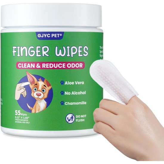 GJYC PET Ear Care Finger Pads for Dogs & Cats, Pack of 55, Dog Ear Cleaner, Cat Ear Cleaning Pads, Ear Care and Cleaning, Gently Loosen Earwax, Dirt