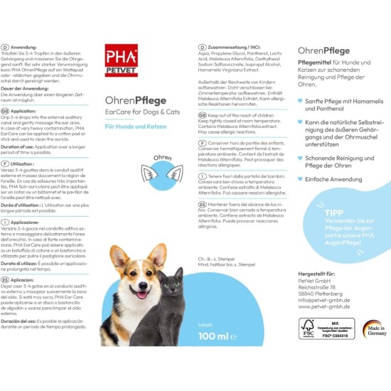 PHA OhrenPflege Drops for Dogs & Cats - Gentle Cleaning & Care of Ears with Tea Tree Oil & Panthenol, Against Itching & Earwax, 100 ml PHA OhrenPflege Drops for Dogs & Cats - Gentle Cleaning & Care of Ears with Tea Tree Oil & Panthenol, Against Itching & Earwax, 100 ml