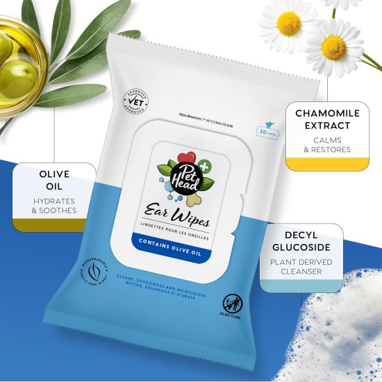 Pet Head Ear Cleaning Wipes | Fragrance Free | Cleans, Deodorises and Moisturises Ears | Helps Remove Wax | Biodegradable, Plant Based and Plastic Free | Pack of 30 Pet Head Ear Cleaning Wipes | Fragrance Free | Cleans, Deodorises and Moisturises Ears | Helps Remove Wax | Biodegradable, Plant Based and Plastic Free | Pack of 30
