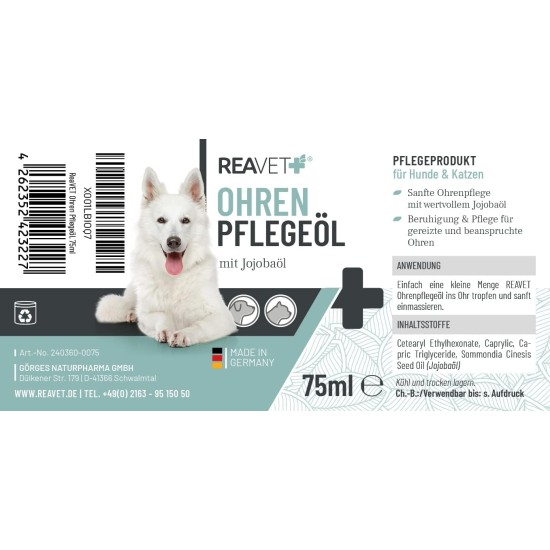 ReaVET Ear Care for Dogs and Cats - Ear Care Oil with Jojoba Oil 75 ml I Care Oil for Dog Ears, Cat Ears I Ear Drops, Gentle Ear Care for Itching and Irritation ReaVET Ear Care for Dogs and Cats - Ear Care Oil with Jojoba Oil 75 ml I Care Oil for Dog Ears, Cat Ears I Ear Drops, Gentle Ear Care for Itching and Irritation