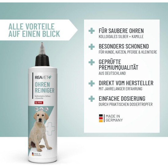 ReaVET Ear Cleaner for Dogs and Cats 250 ml - Ear Cleaner with Colloidal Silver + Natural Chamomile I Agent for Ear Cleaning for Dogs, Cats, Horses ReaVET Ear Cleaner for Dogs and Cats 250 ml - Ear Cleaner with Colloidal Silver + Natural Chamomile I Agent for Ear Cleaning for Dogs, Cats, Horses