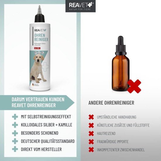 ReaVET Ear Cleaner for Dogs and Cats 250 ml - Ear Cleaner with Colloidal Silver + Natural Chamomile I Agent for Ear Cleaning for Dogs, Cats, Horses ReaVET Ear Cleaner for Dogs and Cats 250 ml - Ear Cleaner with Colloidal Silver + Natural Chamomile I Agent for Ear Cleaning for Dogs, Cats, Horses
