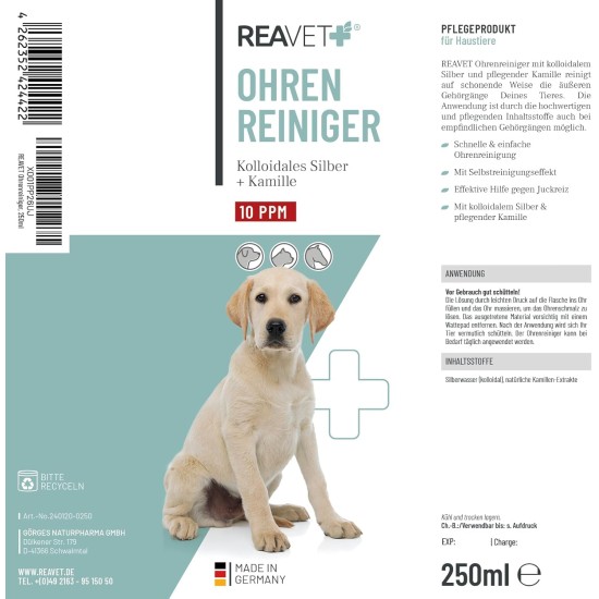 ReaVET Ear Cleaner for Dogs and Cats 250 ml - Ear Cleaner with Colloidal Silver + Natural Chamomile I Agent for Ear Cleaning for Dogs, Cats, Horses ReaVET Ear Cleaner for Dogs and Cats 250 ml - Ear Cleaner with Colloidal Silver + Natural Chamomile I Agent for Ear Cleaning for Dogs, Cats, Horses