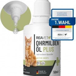 ReaVET Ear Mite Oil Plus 50 ml Instant Effective Agent for Cats - Against Ear Mites with Chamomile for Cat, Gentle Care for Itching in the Ear, Ear Drops Mites, Ear Cleaner ReaVET Ear Mite Oil Plus 50 ml Instant Effective Agent for Cats - Against Ear Mites with Chamomile for Cat, Gentle Care for Itching in the Ear, Ear Drops Mites, Ear Cleaner