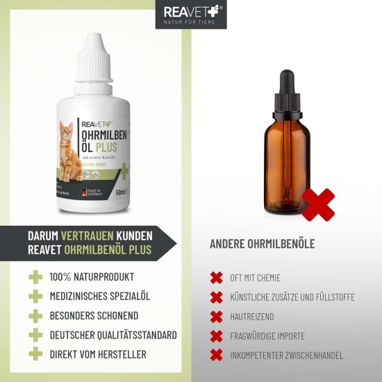 ReaVET Ear Mite Oil Plus 50 ml Instant Effective Agent for Cats - Against Ear Mites with Chamomile for Cat, Gentle Care for Itching in the Ear, Ear Drops Mites, Ear Cleaner ReaVET Ear Mite Oil Plus 50 ml Instant Effective Agent for Cats - Against Ear Mites with Chamomile for Cat, Gentle Care for Itching in the Ear, Ear Drops Mites, Ear Cleaner