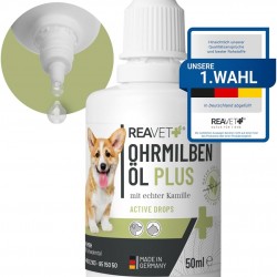 ReaVET Ear Mite Oil Plus 50 ml Instant Effective Remedy for Dogs - Against Ear Mites with Chamomile for Dogs, Gentle Care for Itching in the Ear, Ear Drops Mites, Ear Cleaner ReaVET Ear Mite Oil Plus 50 ml Instant Effective Remedy for Dogs - Against Ear Mites with Chamomile for Dogs, Gentle Care for Itching in the Ear, Ear Drops Mites, Ear Cleaner