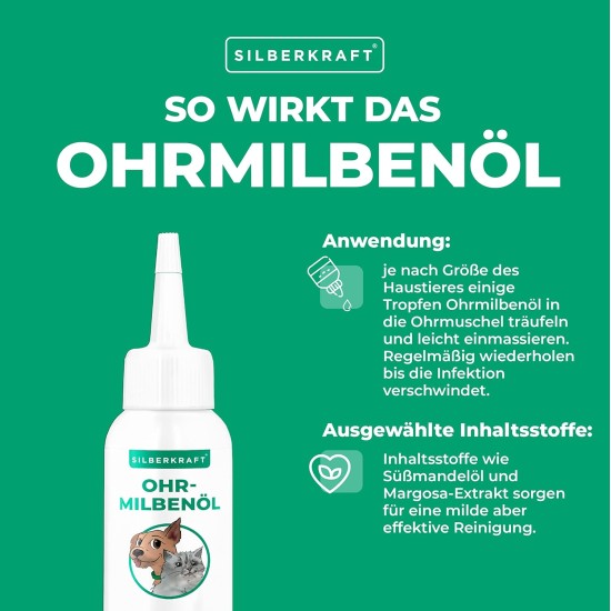 Silberkraft Ear Mite Oil 50 ml for Dogs, Cats and Other Pets, Effective Care Agent Against Ear Mites, Ear Caves, Itching, Yeast Fungus and Inflammation on the Ear, Gentle and Gentle Cleaning Silberkraft Ear Mite Oil 50 ml for Dogs, Cats and Other Pets, Effective Care Agent Against Ear Mites, Ear Caves, Itching, Yeast Fungus and Inflammation on the Ear, Gentle and Gentle Cleaning