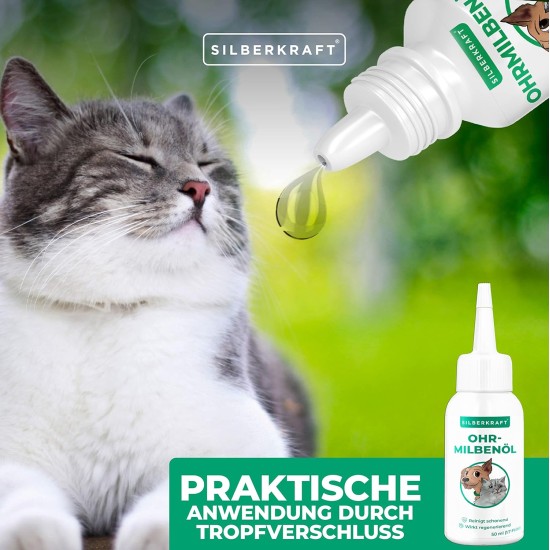 Silberkraft Ear Mite Oil 50 ml for Dogs, Cats and Other Pets, Effective Care Agent Against Ear Mites, Ear Caves, Itching, Yeast Fungus and Inflammation on the Ear, Gentle and Gentle Cleaning Silberkraft Ear Mite Oil 50 ml for Dogs, Cats and Other Pets, Effective Care Agent Against Ear Mites, Ear Caves, Itching, Yeast Fungus and Inflammation on the Ear, Gentle and Gentle Cleaning