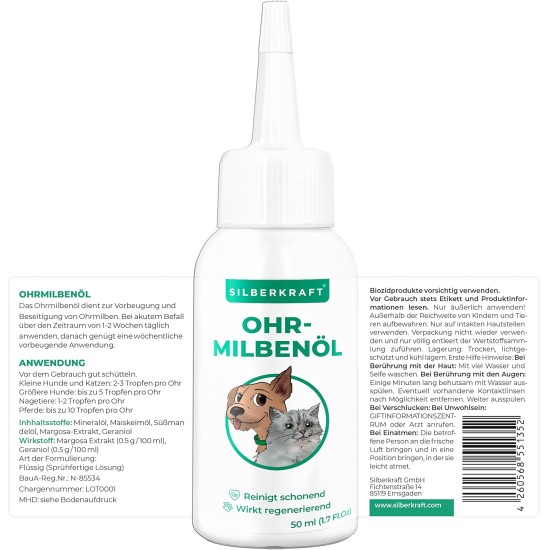 Silberkraft Ear Mite Oil 50 ml for Dogs, Cats and Other Pets, Effective Care Agent Against Ear Mites, Ear Caves, Itching, Yeast Fungus and Inflammation on the Ear, Gentle and Gentle Cleaning Silberkraft Ear Mite Oil 50 ml for Dogs, Cats and Other Pets, Effective Care Agent Against Ear Mites, Ear Caves, Itching, Yeast Fungus and Inflammation on the Ear, Gentle and Gentle Cleaning
