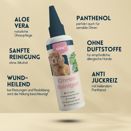 nimo® Ear Cleaner for Dogs, Cats & Pets with Aloe Vera & Panthenol | Gentle Natural Cleaning Against Itching, Infections, Earwax, Inflammation & Discharge | Minimises Head Shaking nimo® Ear Cleaner for Dogs, Cats & Pets with Aloe Vera & Panthenol | Gentle Natural Cleaning Against Itching, Infections, Earwax, Inflammation & Discharge | Minimises Head Shaking