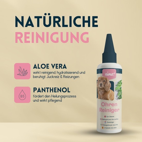nimo® Ear Cleaner for Dogs, Cats & Pets with Aloe Vera & Panthenol | Gentle Natural Cleaning Against Itching, Infections, Earwax, Inflammation & Discharge | Minimises Head Shaking nimo® Ear Cleaner for Dogs, Cats & Pets with Aloe Vera & Panthenol | Gentle Natural Cleaning Against Itching, Infections, Earwax, Inflammation & Discharge | Minimises Head Shaking