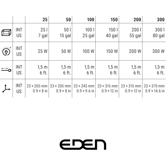 Eden 94151 50 heater reacts to current water temperature avoids the smallest deviations thanks to bimetallic technology 50 watts Eden 94151 50 heater reacts to current water temperature avoids the smallest deviations thanks to bimetallic technology 50 watts