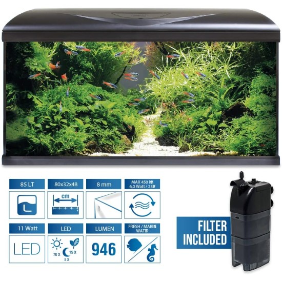 Amtra Acquario System Tank V2 - 85 Litre Complete Glass Aquarium, 11 Watt LED Light and Filter Pump Included, Fresh or Saltwater, Black, 80 x 32 x 48 cm Amtra Acquario System Tank V2 - 85 Litre Complete Glass Aquarium, 11 Watt LED Light and Filter Pump Included, Fresh or Saltwater, Black, 80 x 32 x 48 cm