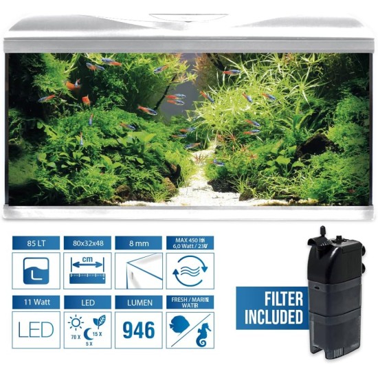 Amtra Acquario System Tank V2 - Complete Glass Aquarium 85 Litres, 11 Watt LED Light and Filter Pump Included, Fresh or Saltwater, White, 80 x 32 x 48 cm Amtra Acquario System Tank V2 - Complete Glass Aquarium 85 Litres, 11 Watt LED Light and Filter Pump Included, Fresh or Saltwater, White, 80 x 32 x 48 cm