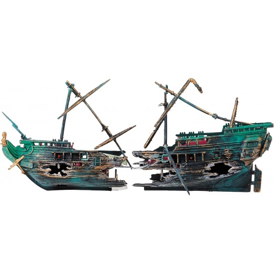 Penn-Plax Shipwreck Aquarium Decoration Ornament with Moving Masts, Lifeboat, and Bubble Action Penn-Plax Shipwreck Aquarium Decoration Ornament with Moving Masts, Lifeboat, and Bubble Action