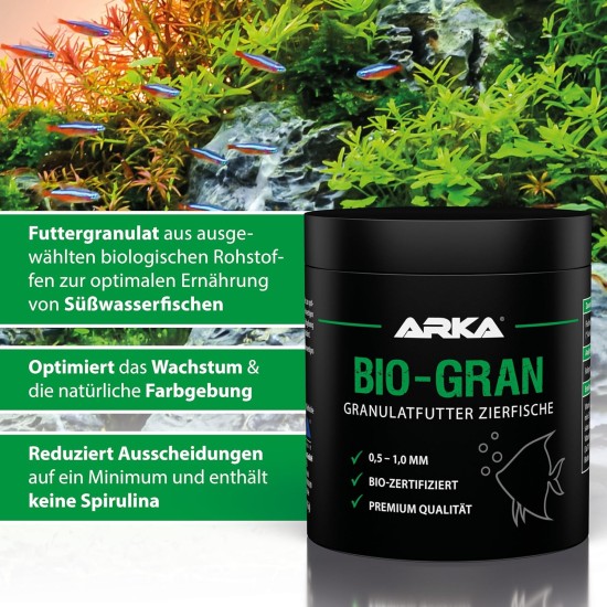 ARKA Bio-Gran - 500ml / 230g - Organic certified fish food for any freshwater aquarium, promotes growth and colour splendour of fish in any freshwater aquarium. ARKA Bio-Gran - 500ml / 230g - Organic certified fish food for any freshwater aquarium, promotes growth and colour splendour of fish in any freshwater aquarium.